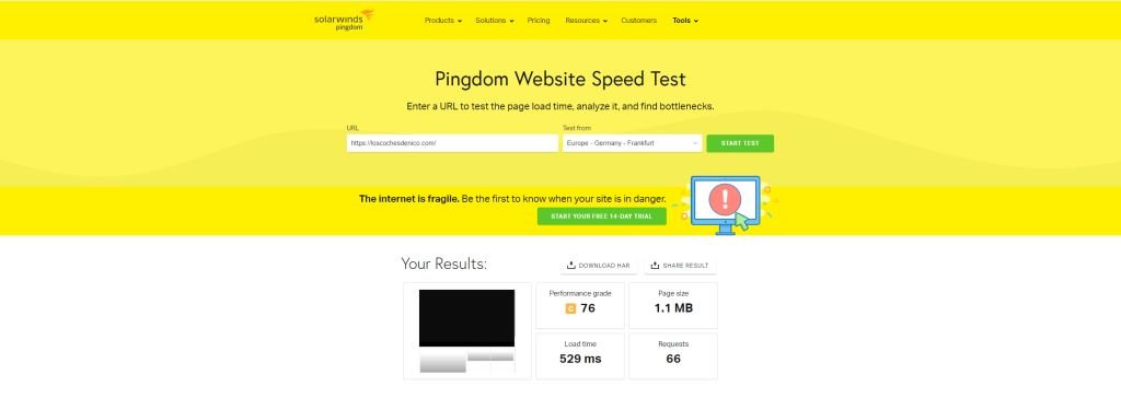 Mide la velocidad de tu web pingdom